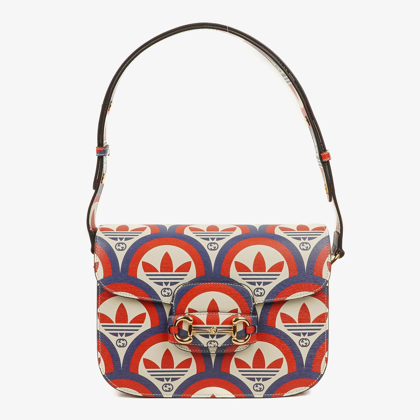 Gucci x adidas Shanghai kleine Horsebit 1955 Schultertasche aus Kalbsleder mit Web, Trefoil und Interlocking G in Rot Weiß Blau