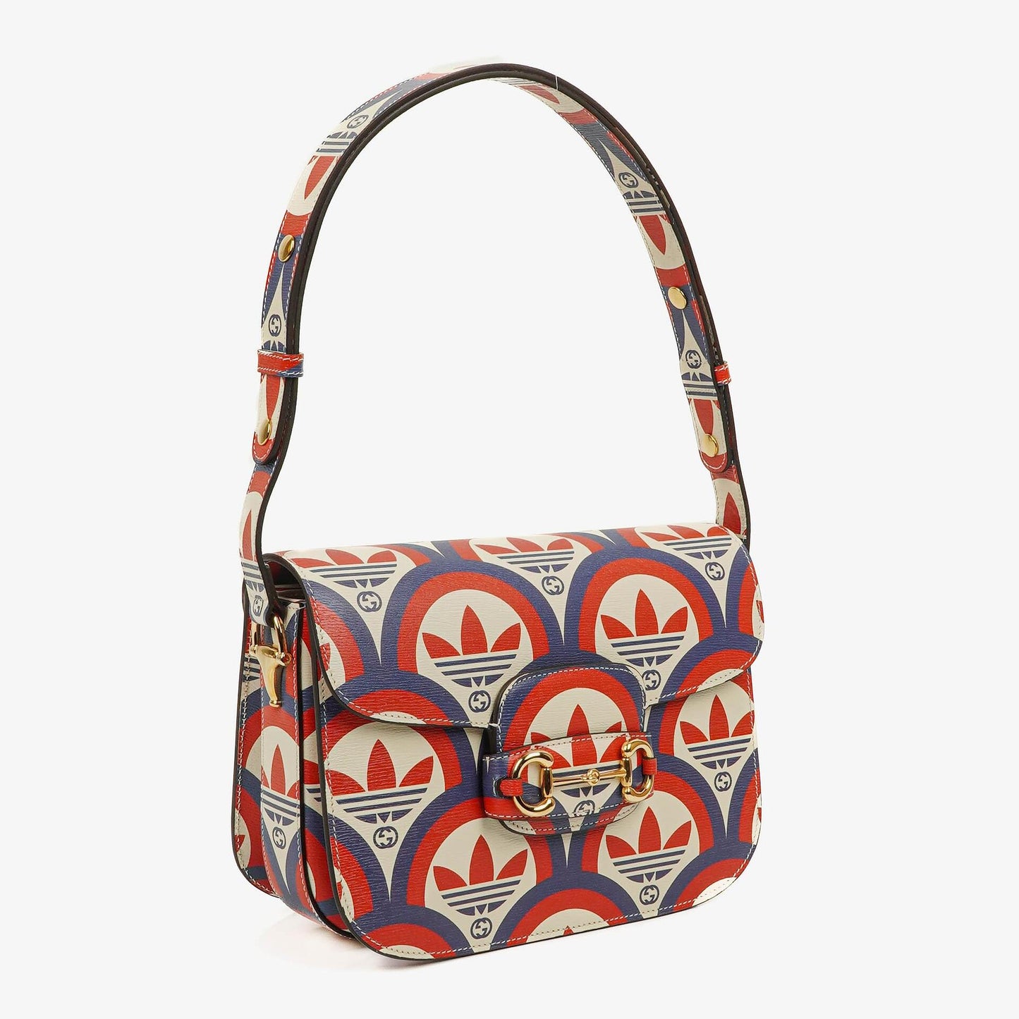 Gucci x adidas Shanghai kleine Horsebit 1955 Schultertasche aus Kalbsleder mit Web, Trefoil und Interlocking G in Rot Weiß Blau