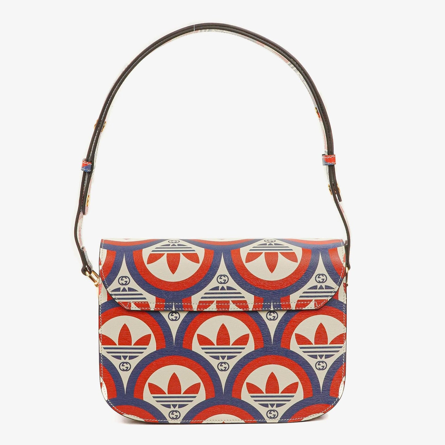 Gucci x adidas Shanghai kleine Horsebit 1955 Schultertasche aus Kalbsleder mit Web, Trefoil und Interlocking G in Rot Weiß Blau