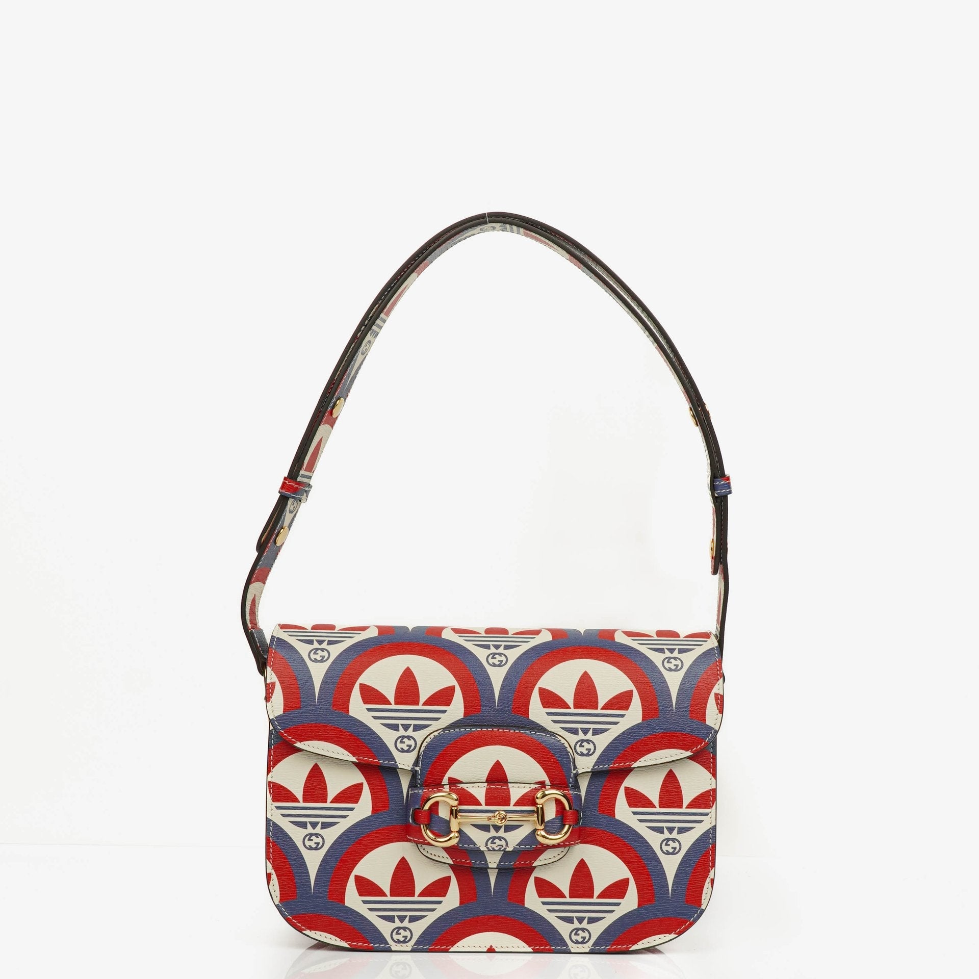 Gucci x adidas Shanghai Small Horsebit 1955 Schultertasche aus Kalbsleder mit Web, Trefoil und Interlocking G in Rot, Weiß und Blau