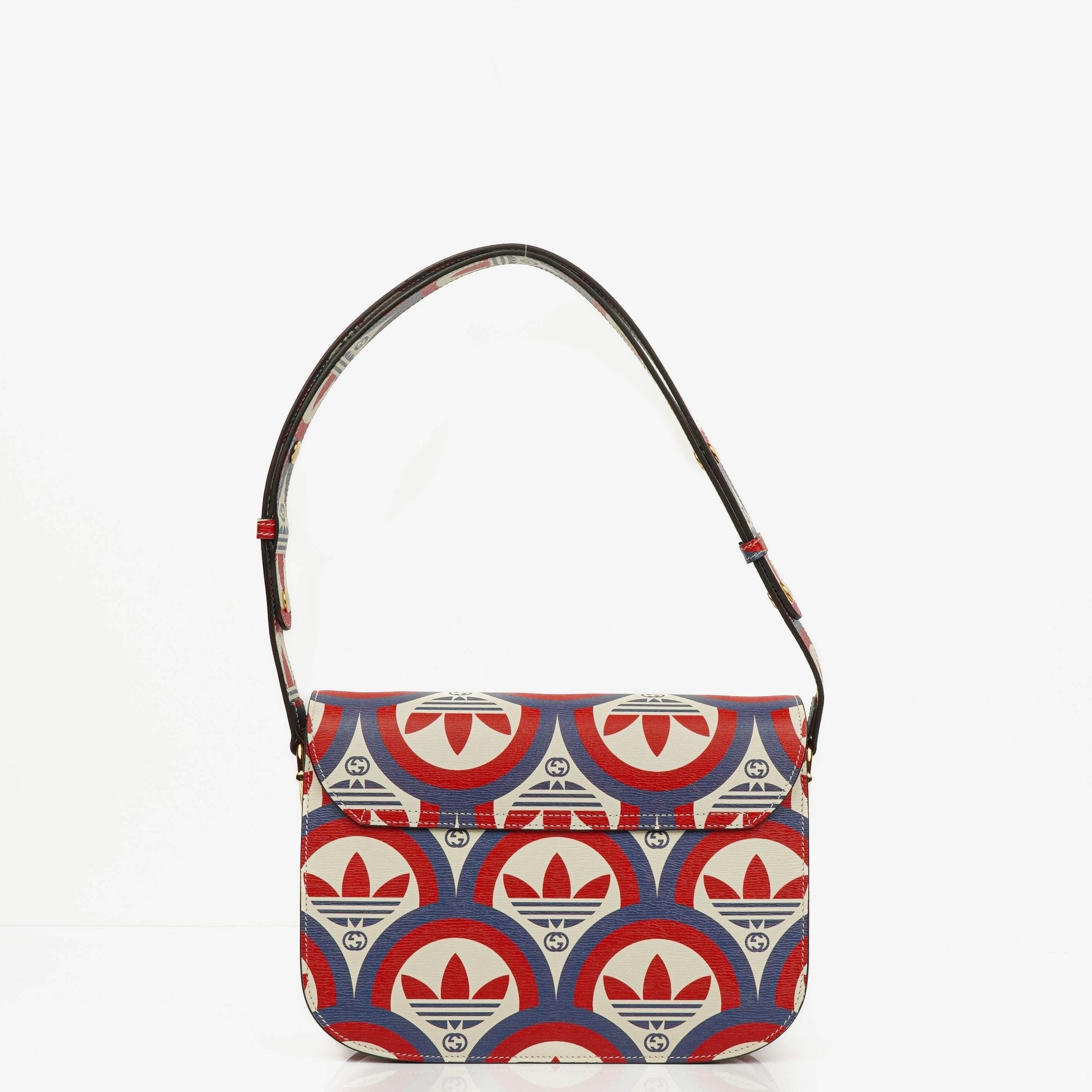 Gucci x adidas Shanghai Small Horsebit 1955 Schultertasche aus Kalbsleder mit Web, Trefoil und Interlocking G in Rot, Weiß und Blau