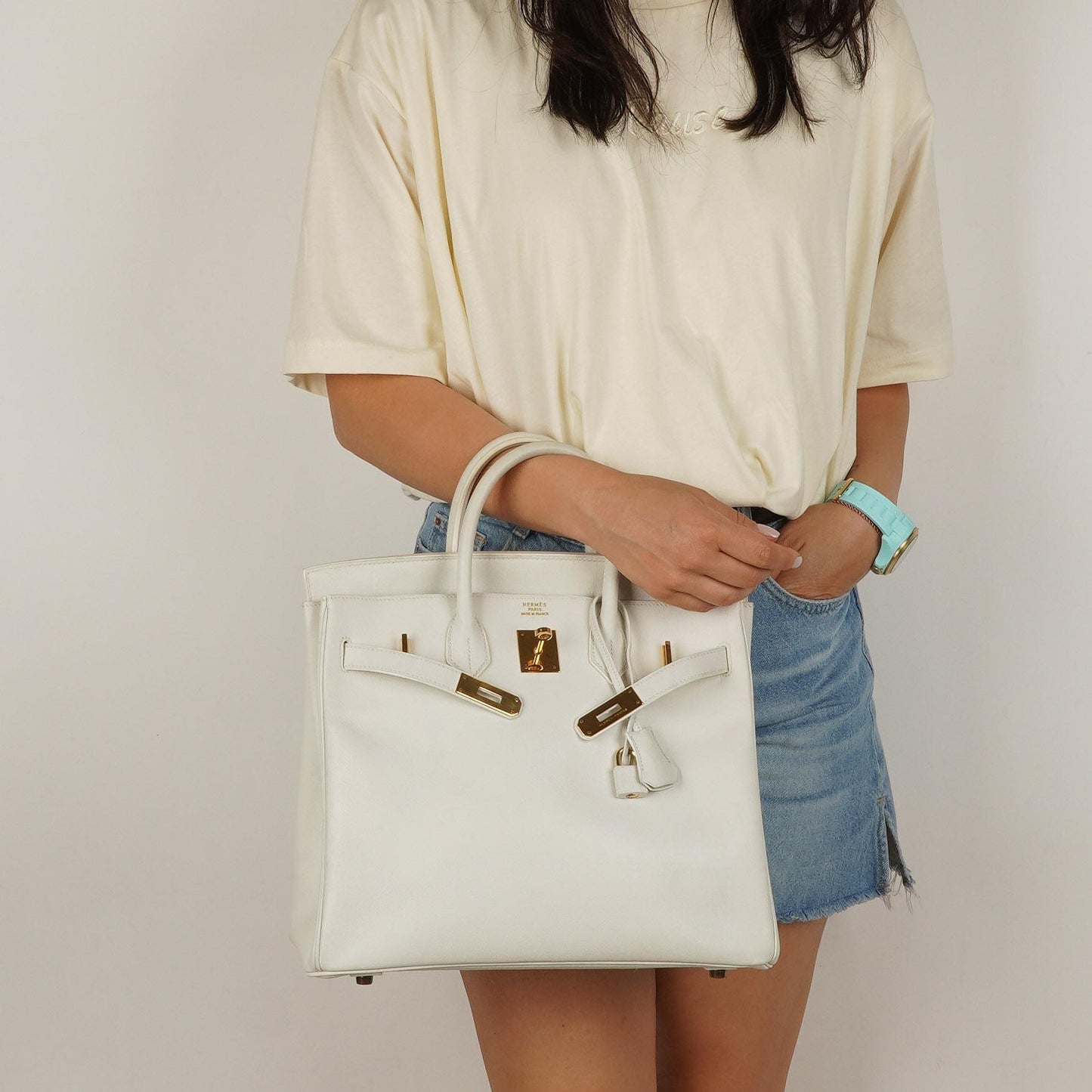 Hermès Birkin 32 Haut à Courroies Off White Leder mit goldener Hardware
