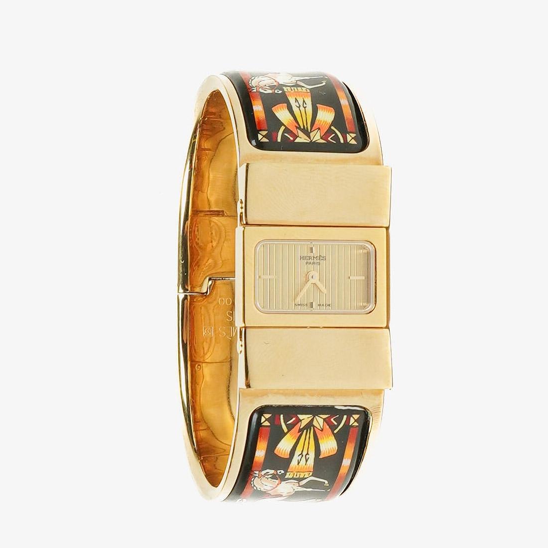 Hermes Schwarze Reitsport Emaille und Vergoldete Loquet Armreif Quarzuhr L01.201