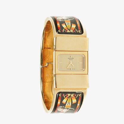 Hermes Schwarze Reitsport Emaille und Vergoldete Loquet Armreif Quarzuhr L01.201