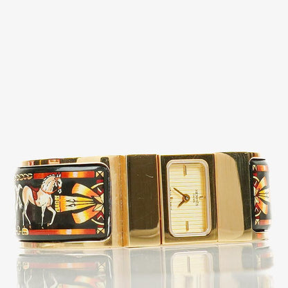Hermes Schwarze Reitsport Emaille und Vergoldete Loquet Armreif Quarzuhr L01.201