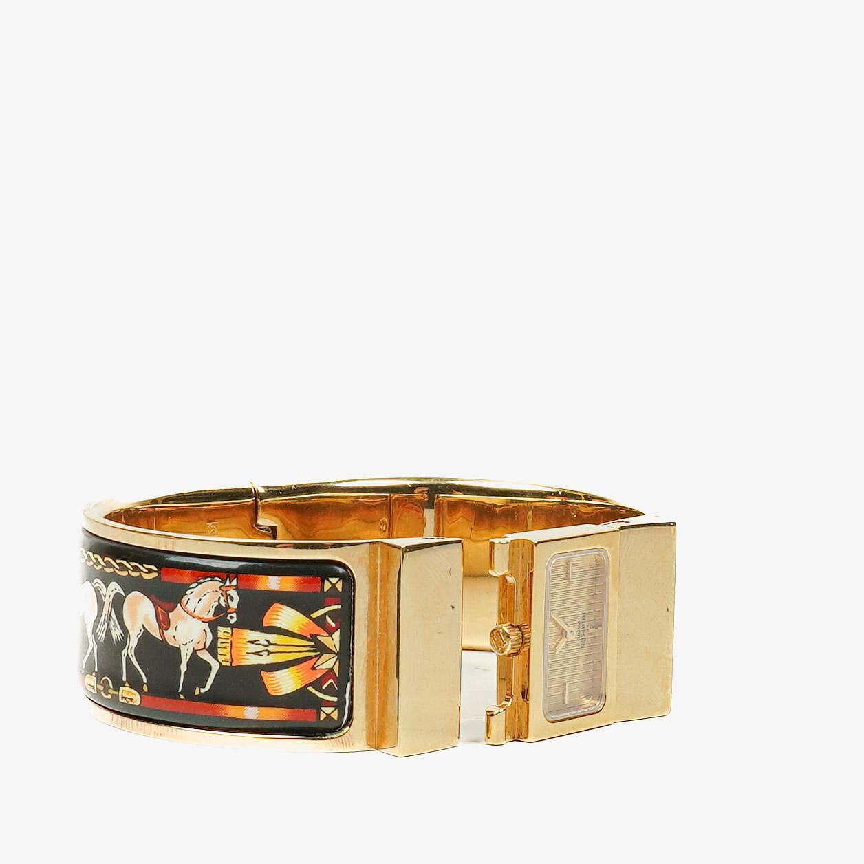 Hermes Schwarze Reitsport Emaille und Vergoldete Loquet Armreif Quarzuhr L01.201