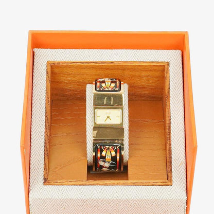 Hermes Schwarze Reitsport Emaille und Vergoldete Loquet Armreif Quarzuhr L01.201