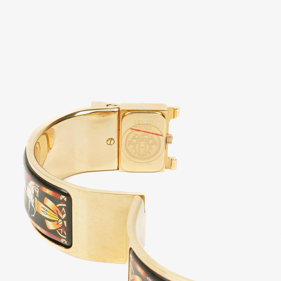 Hermes Schwarze Reitsport Emaille und Vergoldete Loquet Armreif Quarzuhr L01.201