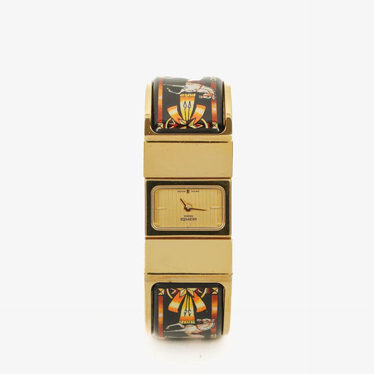 Hermès Loquet L01.201 Armreif-Quarzuhr aus schwarzer Reitsport-Emaille und vergoldetem Metall