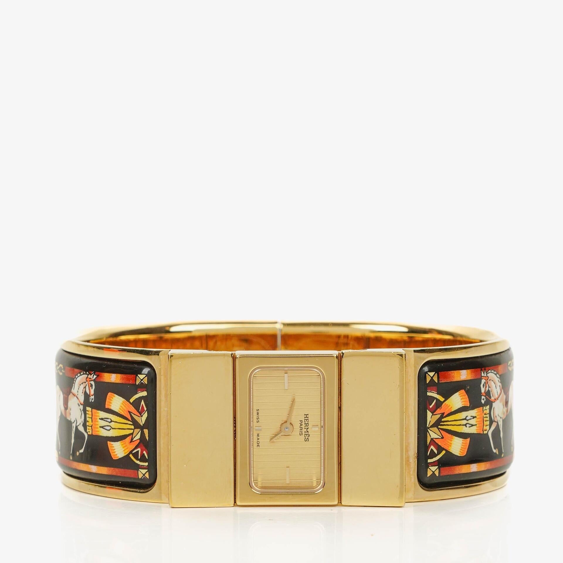 Hermès Loquet L01.201 Armreif-Quarzuhr aus schwarzer Reitsport-Emaille und vergoldetem Metall