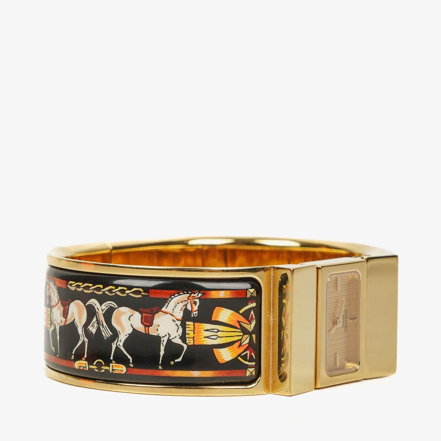 Hermès Loquet L01.201 Armreif-Quarzuhr aus schwarzer Reitsport-Emaille und vergoldetem Metall