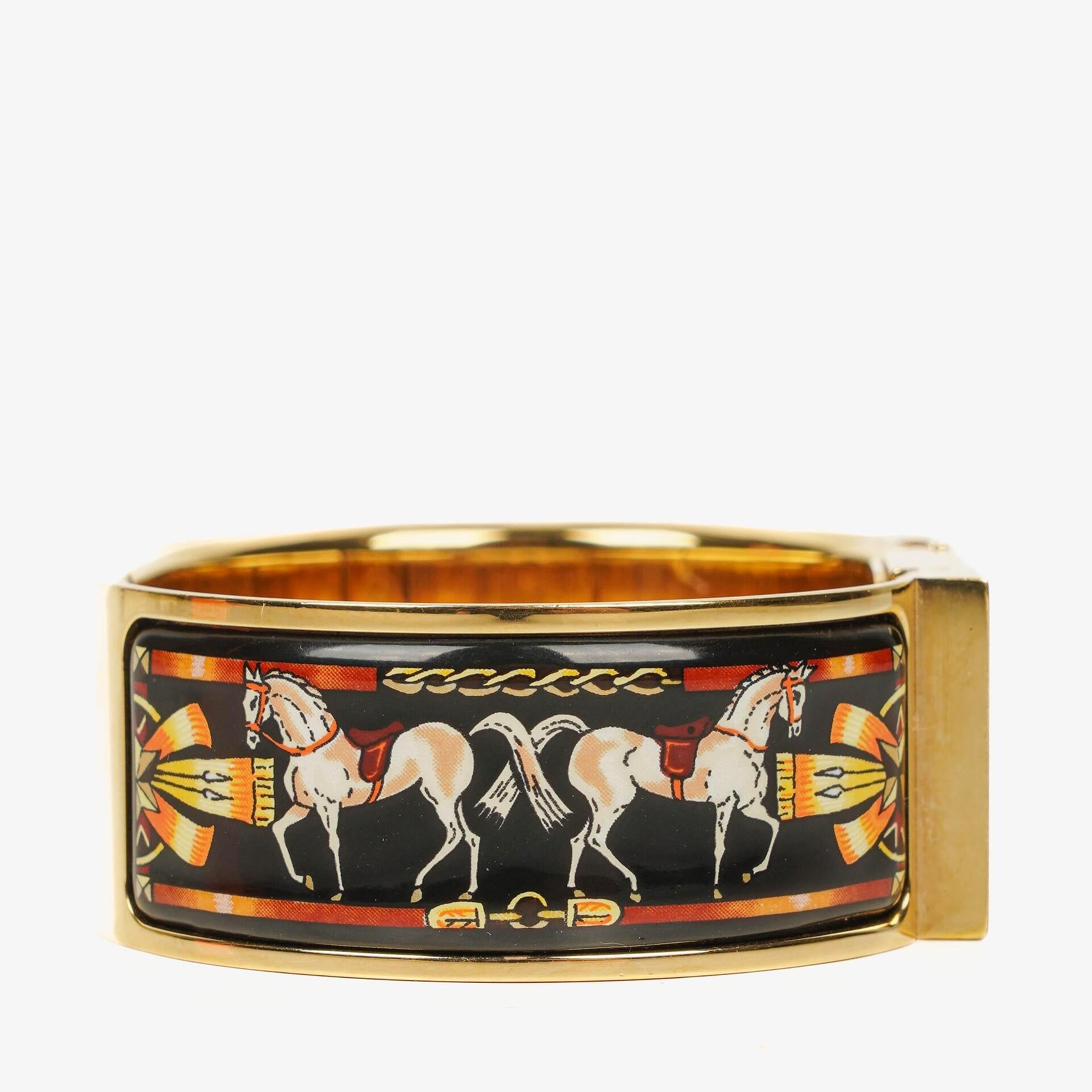 Hermès Loquet L01.201 Armreif-Quarzuhr aus schwarzer Reitsport-Emaille und vergoldetem Metall