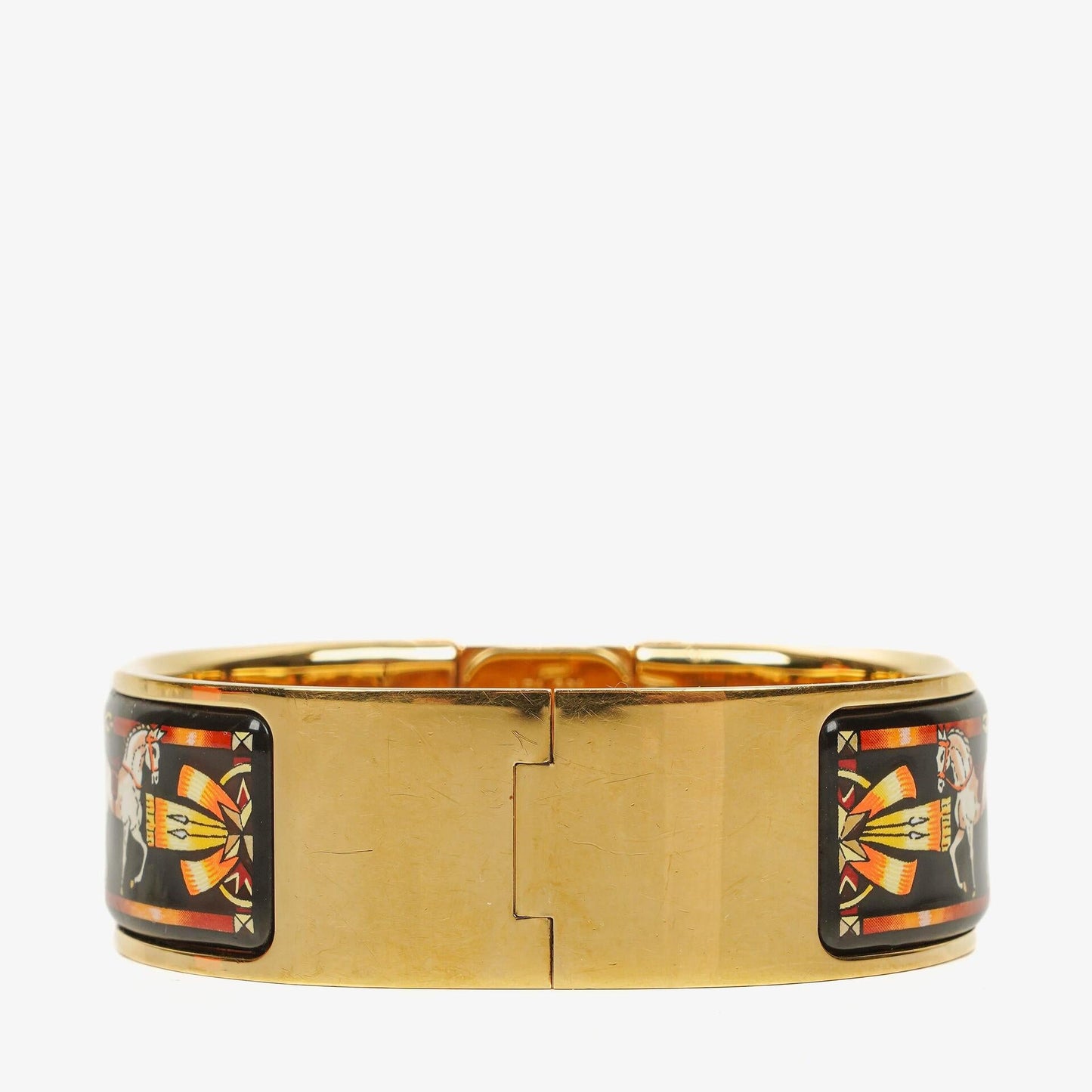 Hermès Loquet L01.201 Armreif-Quarzuhr aus schwarzer Reitsport-Emaille und vergoldetem Metall