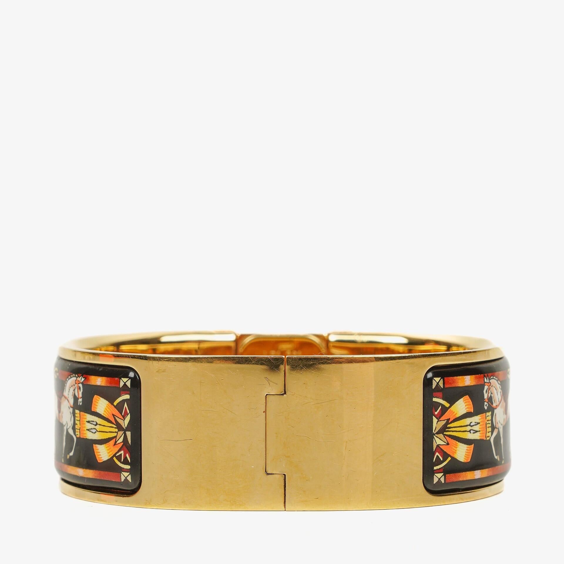 Hermès Loquet L01.201 Armreif-Quarzuhr aus schwarzer Reitsport-Emaille und vergoldetem Metall