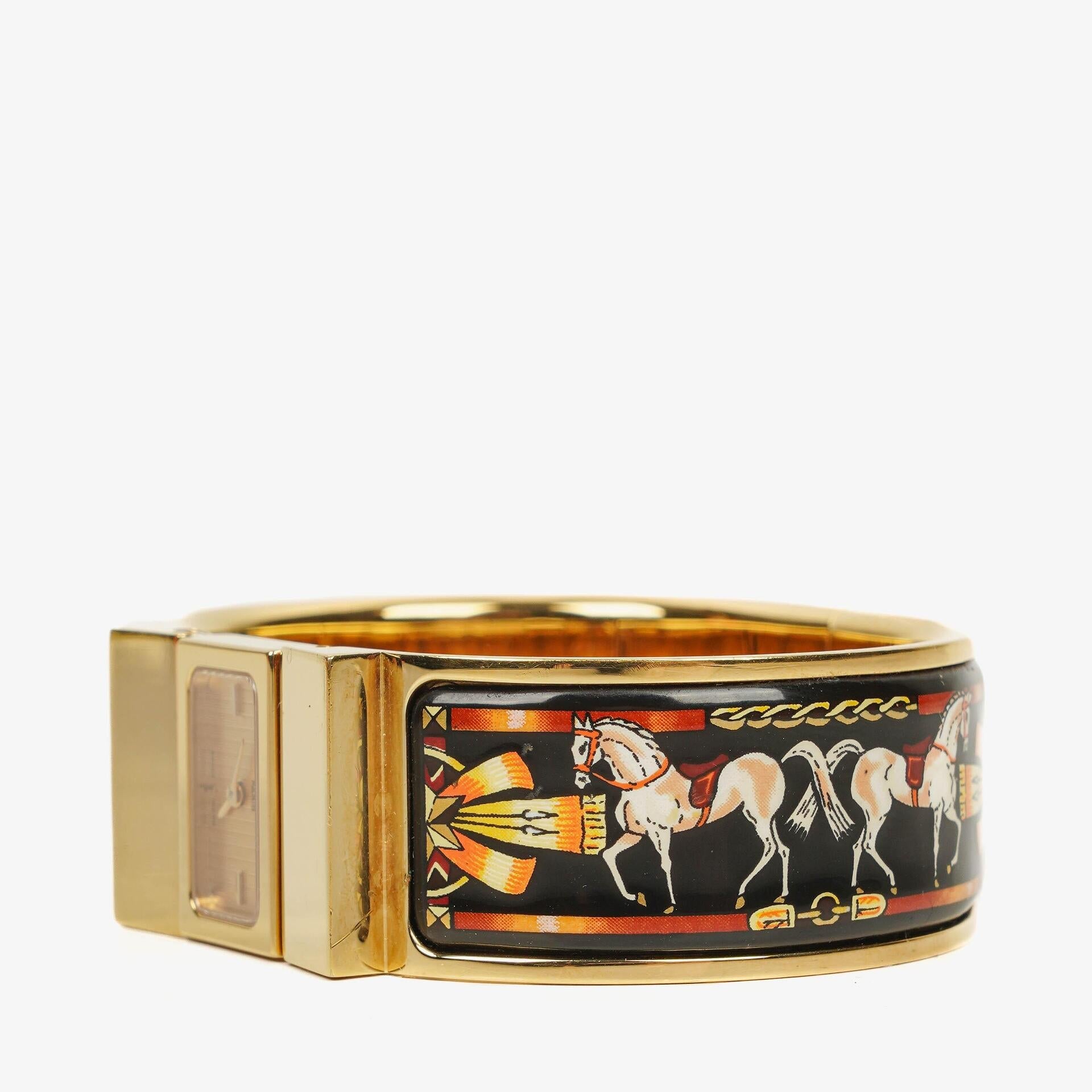 Hermès Loquet L01.201 Armreif-Quarzuhr aus schwarzer Reitsport-Emaille und vergoldetem Metall