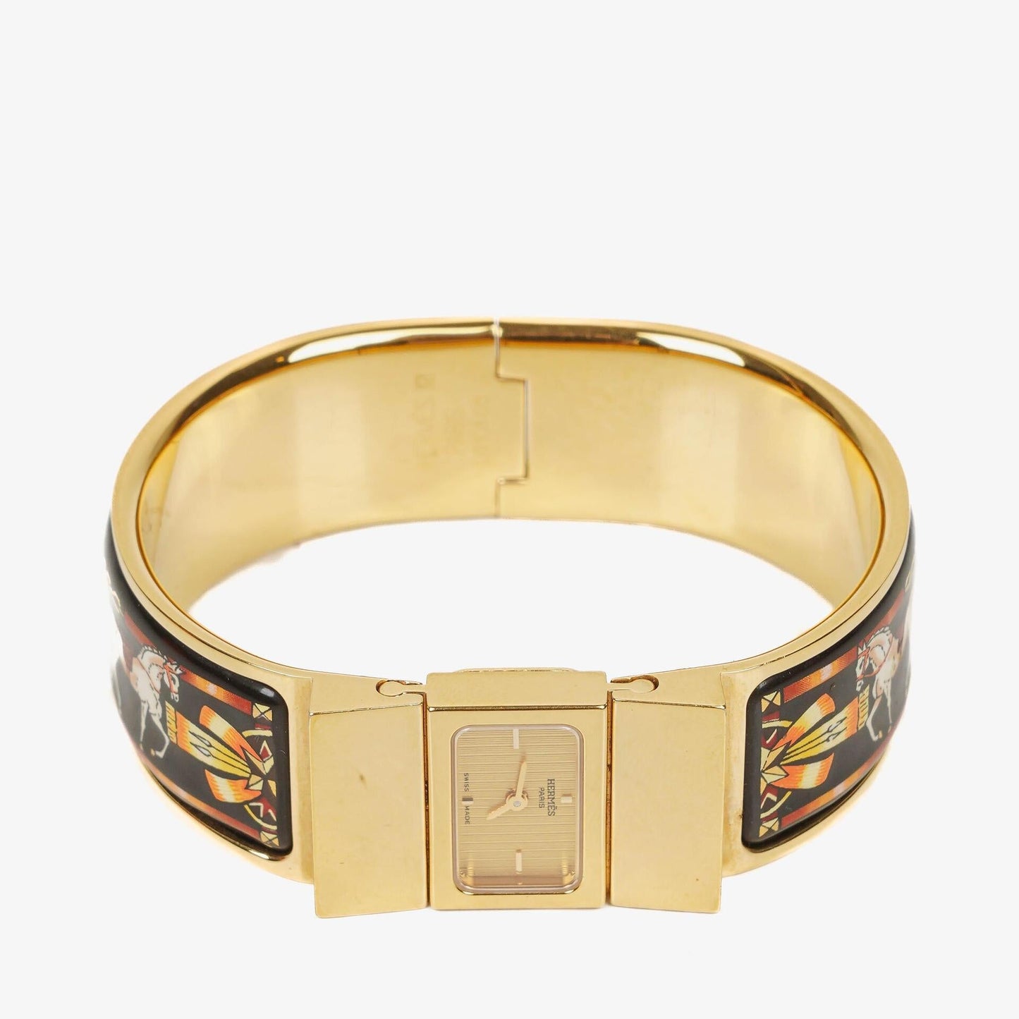 Hermès Loquet L01.201 Armreif-Quarzuhr aus schwarzer Reitsport-Emaille und vergoldetem Metall
