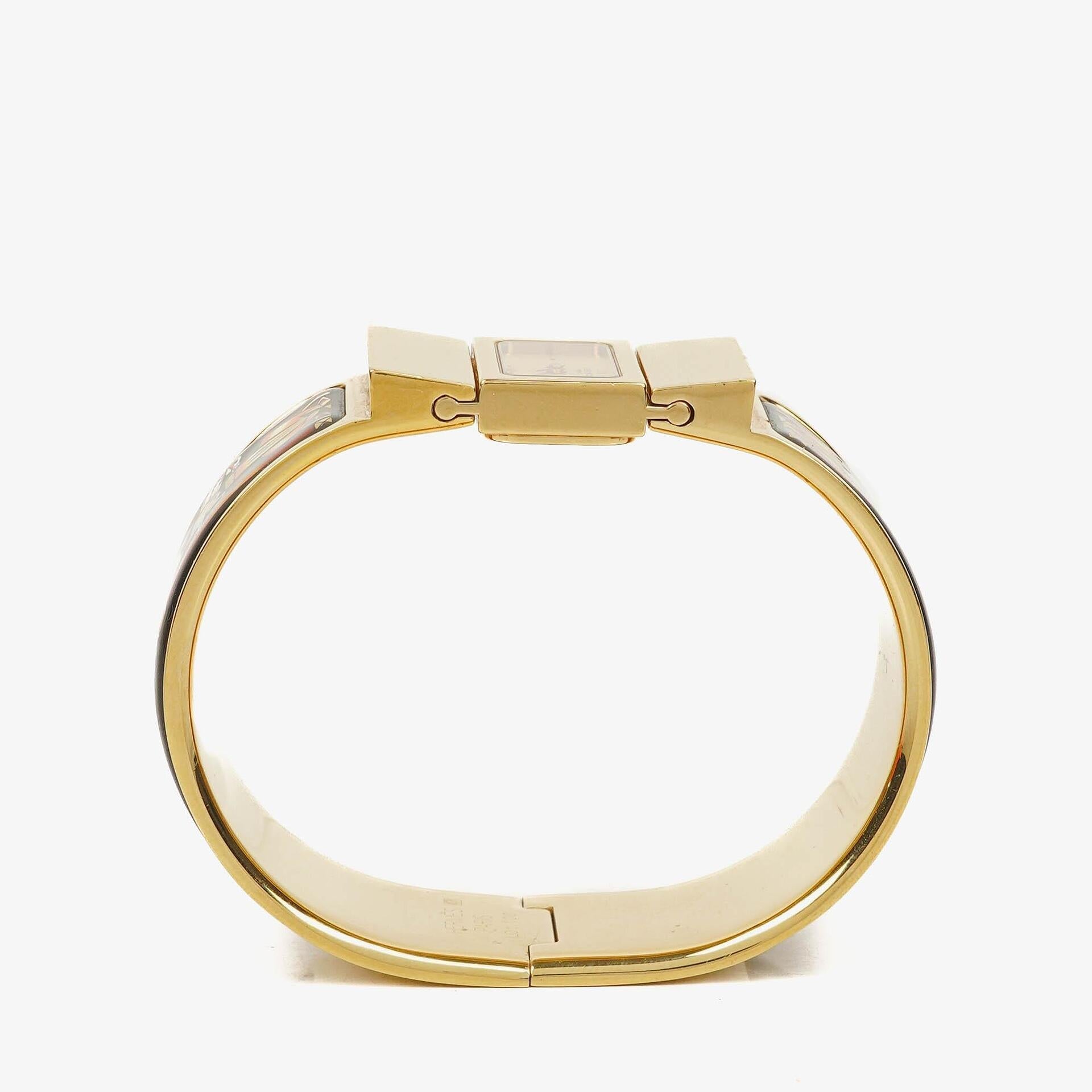 Hermès Loquet L01.201 Armreif-Quarzuhr aus schwarzer Reitsport-Emaille und vergoldetem Metall