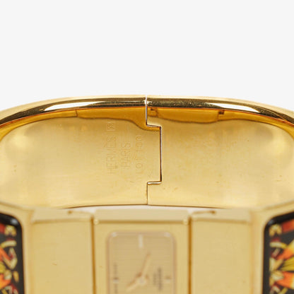 Hermès Loquet L01.201 Armreif-Quarzuhr aus schwarzer Reitsport-Emaille und vergoldetem Metall