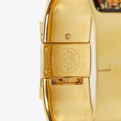 Hermès Loquet L01.201 Armreif-Quarzuhr aus schwarzer Reitsport-Emaille und vergoldetem Metall