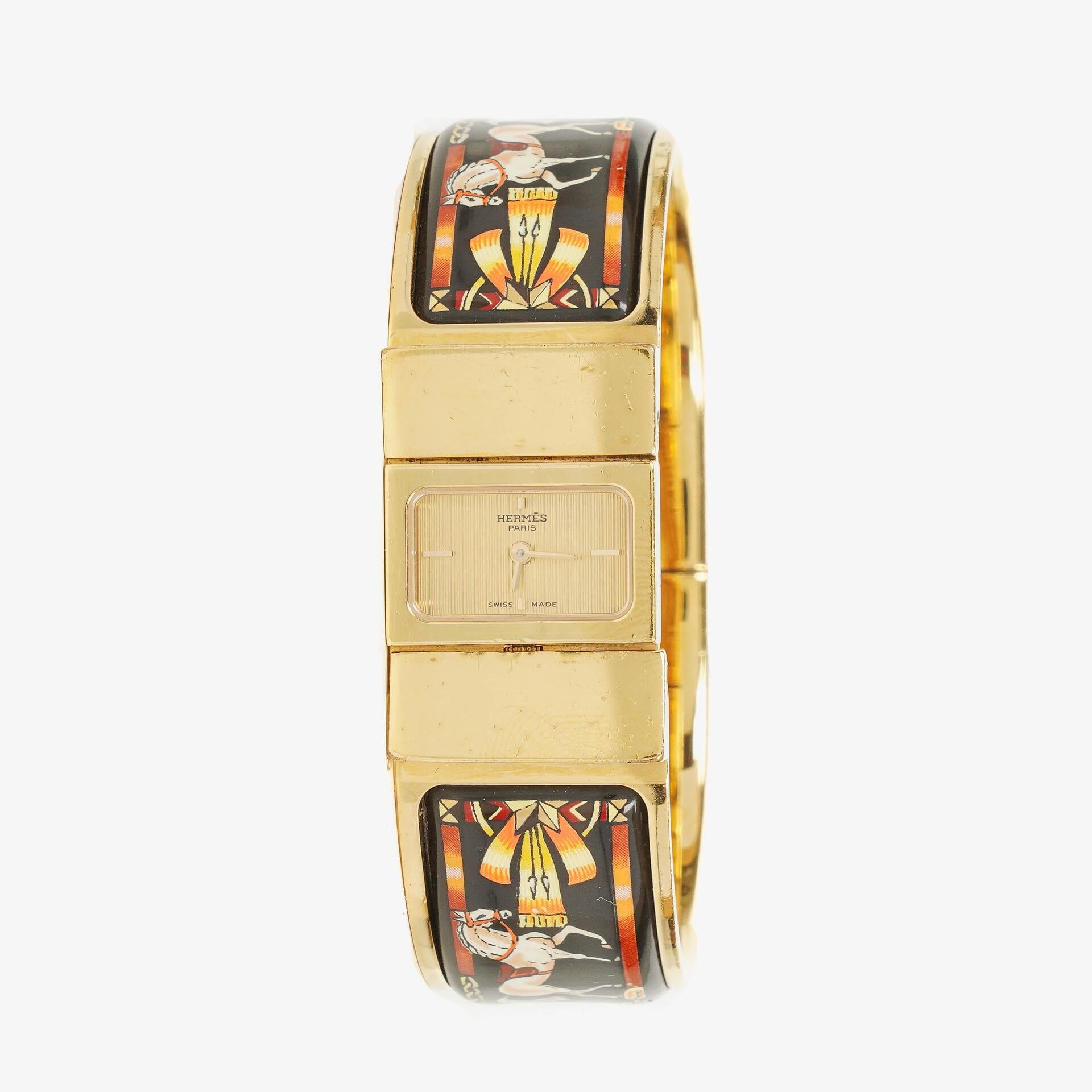 Hermès Loquet L01.201 Armreif-Quarzuhr aus schwarzem Reitsport-Emaille und vergoldetem Metall