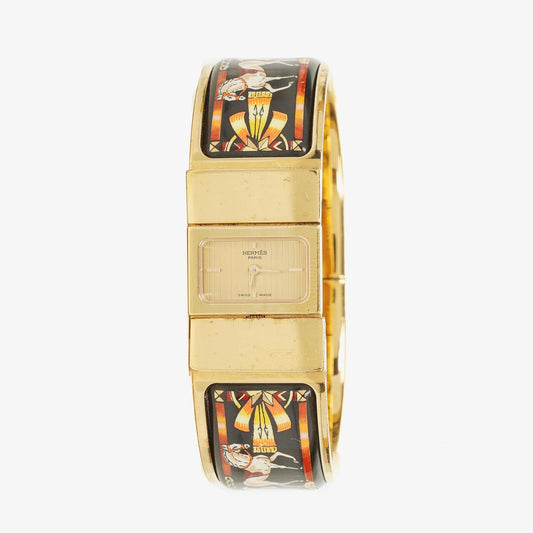 Hermès Loquet L01.201 Armreif-Quarzuhr aus schwarzem Reitsport-Emaille und vergoldetem Metall