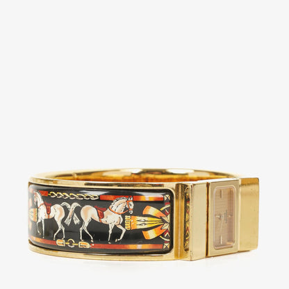 Hermès Loquet L01.201 Armreif-Quarzuhr aus schwarzem Reitsport-Emaille und vergoldetem Metall
