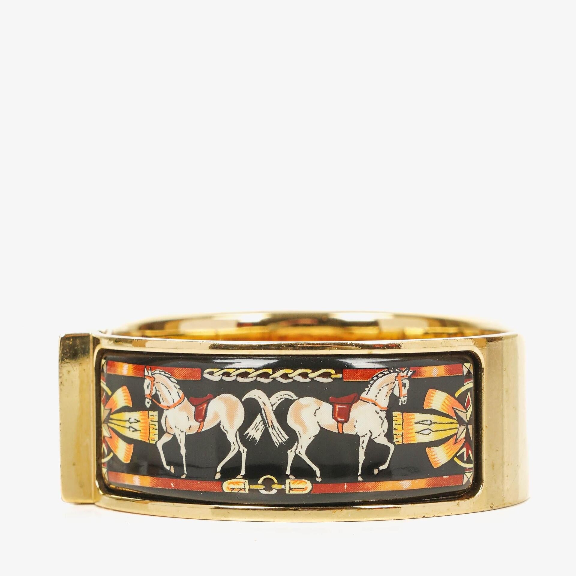 Hermès Loquet L01.201 Armreif-Quarzuhr aus schwarzem Reitsport-Emaille und vergoldetem Metall
