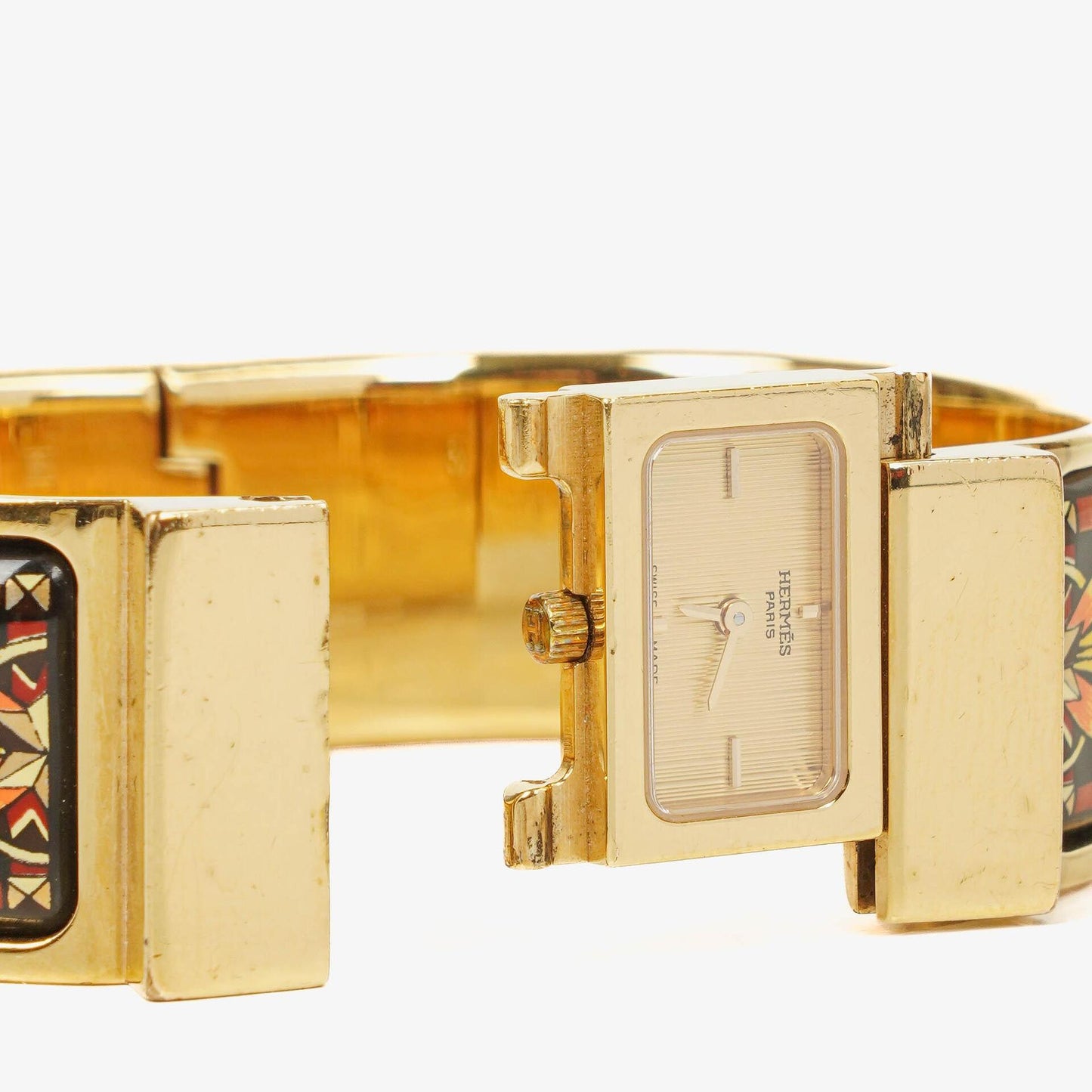Hermès Loquet L01.201 Armreif-Quarzuhr aus schwarzem Reitsport-Emaille und vergoldetem Metall
