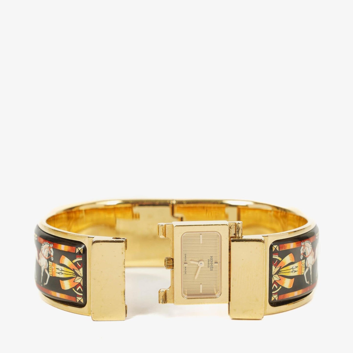Hermès Loquet L01.201 Armreif-Quarzuhr aus schwarzem Reitsport-Emaille und vergoldetem Metall