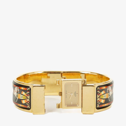 Hermès Loquet L01.201 Armreif-Quarzuhr aus schwarzem Reitsport-Emaille und vergoldetem Metall