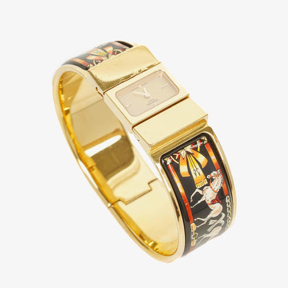 Hermès Loquet L01.201 Armreif-Quarzuhr aus schwarzem Reitsport-Emaille und vergoldetem Metall