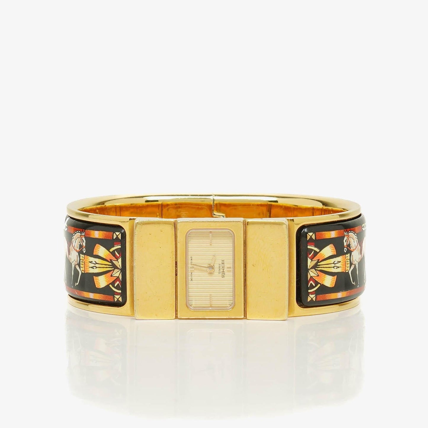 Hermès Loquet L01.201 Armreif-Quarzuhr mit schwarzem Equestrian-Emaille und Vergoldung