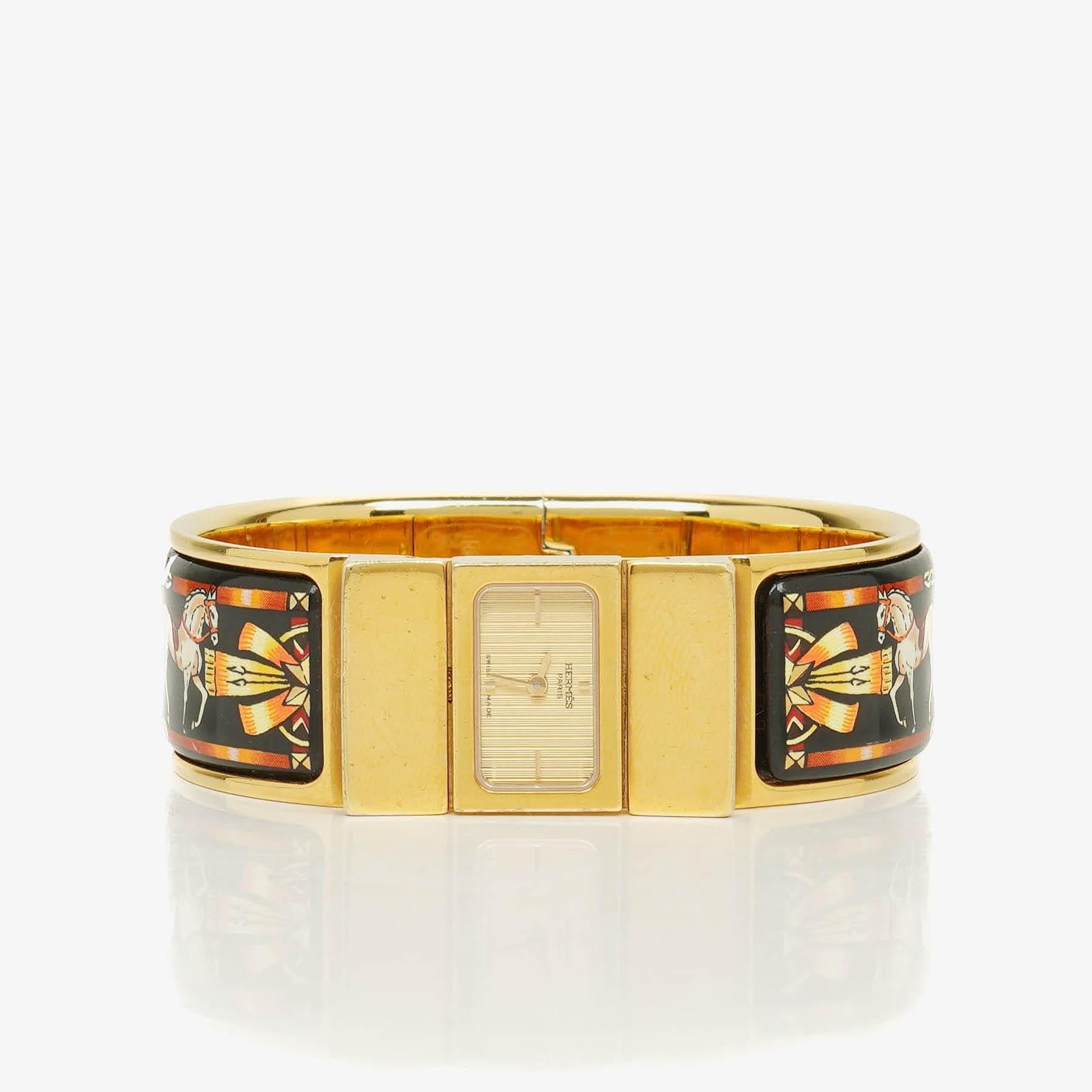 Hermès Loquet L01.201 Armreif-Quarzuhr mit schwarzem Equestrian-Emaille und Vergoldung