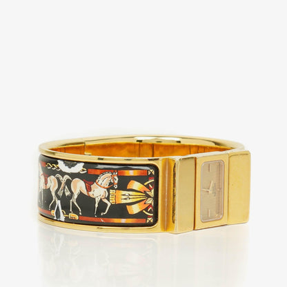 Hermès Loquet L01.201 Armreif-Quarzuhr mit schwarzem Equestrian-Emaille und Vergoldung