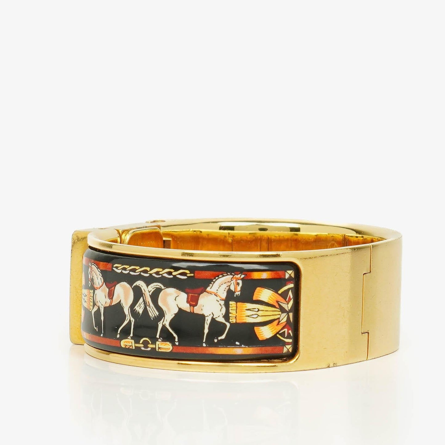 Hermès Loquet L01.201 Armreif-Quarzuhr mit schwarzem Equestrian-Emaille und Vergoldung