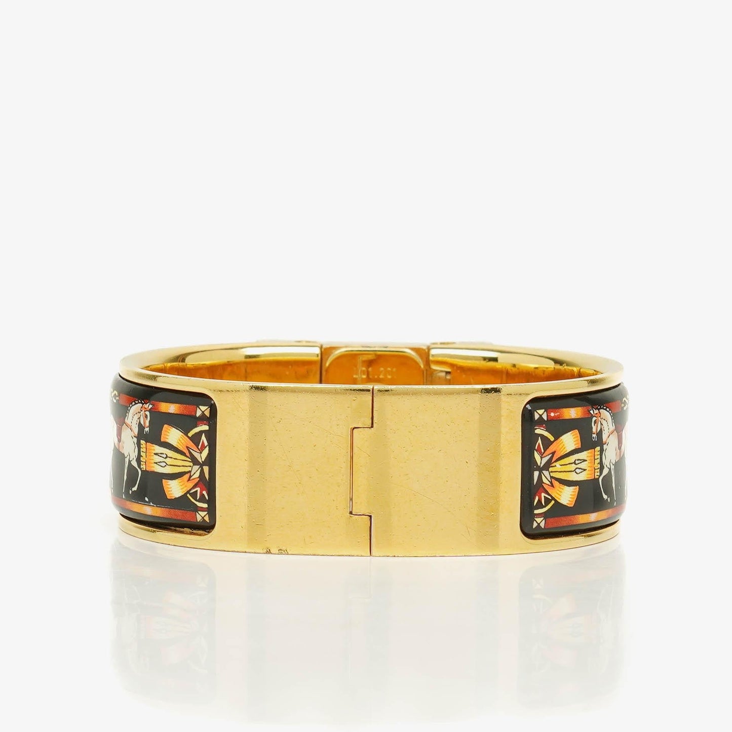 Hermès Loquet L01.201 Armreif-Quarzuhr mit schwarzem Equestrian-Emaille und Vergoldung