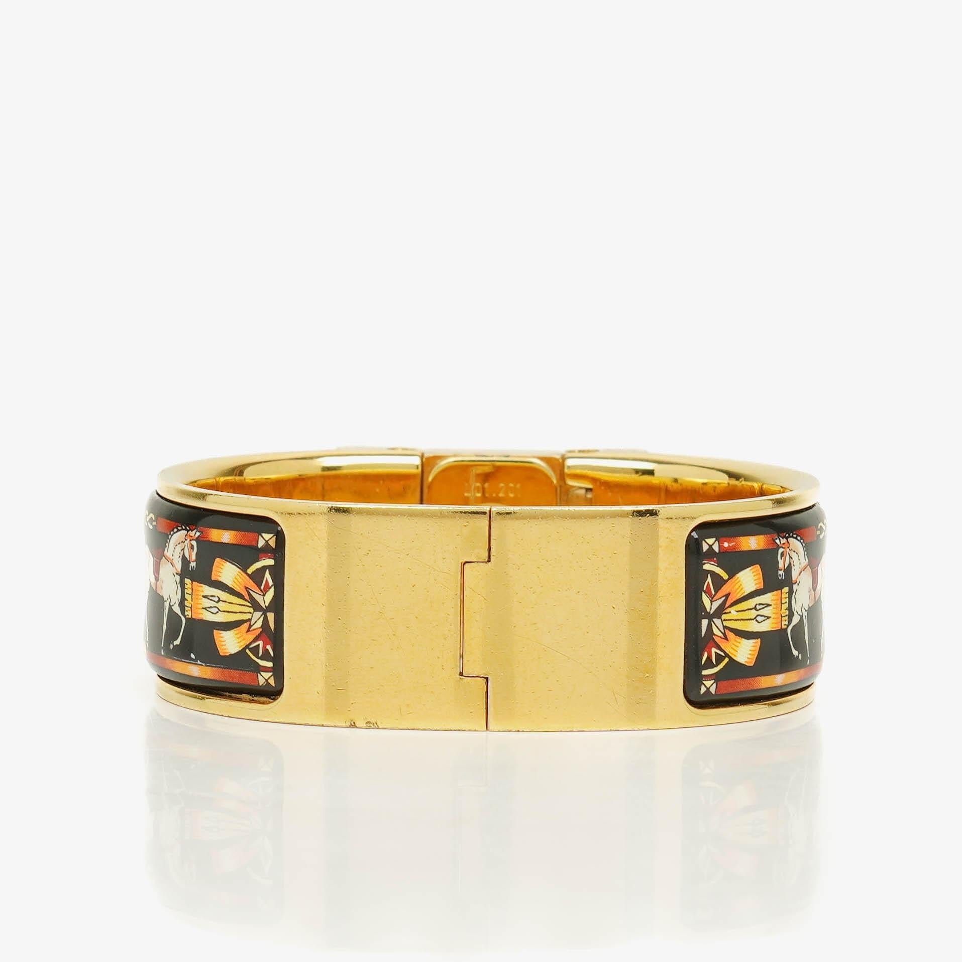 Hermès Loquet L01.201 Armreif-Quarzuhr mit schwarzem Equestrian-Emaille und Vergoldung