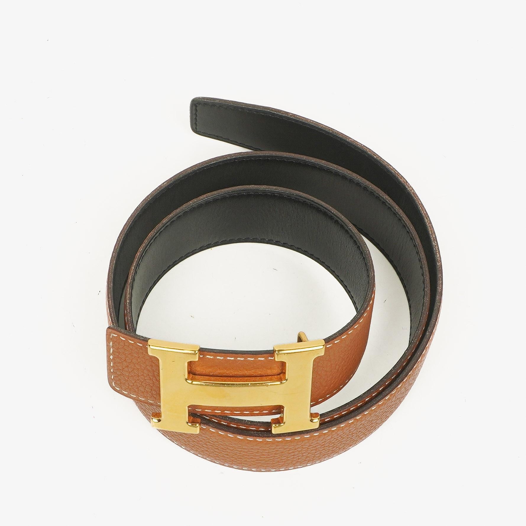 Hermès H Wendegürtel 85 aus Box- und Togo-Leder in Schwarz/Gold, 30 mm