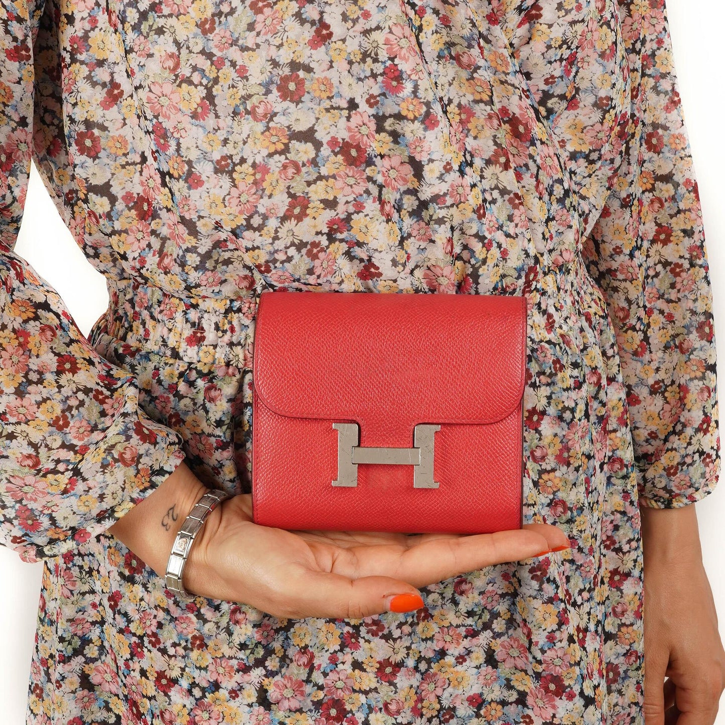 Hermès Constance Kompakt Geldbörse aus Rouge Casaque Epsom mit Palladium Hardware