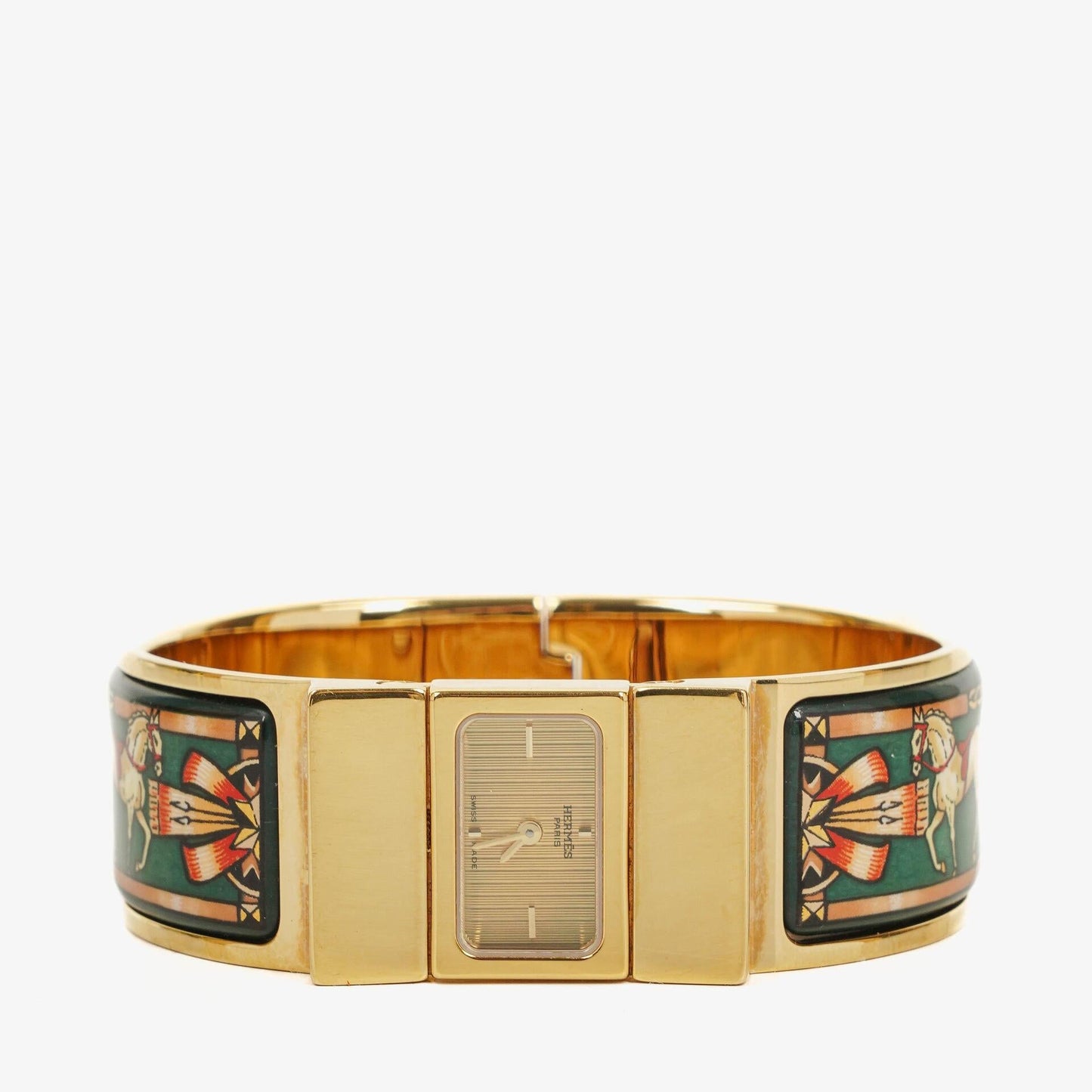 Hermès Loquet Armreif-Quarzuhr L01.100 mit grünem Equestrian Emaille und vergoldetem Finish
