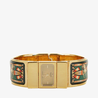 Hermès Loquet Armreif-Quarzuhr L01.100 mit grünem Equestrian Emaille und vergoldetem Finish