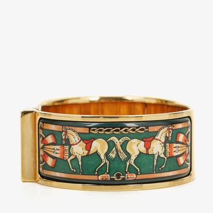Hermès Loquet Armreif-Quarzuhr L01.100 mit grünem Equestrian Emaille und vergoldetem Finish