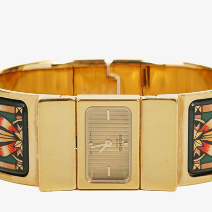 Hermès Loquet Armreif-Quarzuhr L01.100 mit grünem Equestrian Emaille und vergoldetem Finish
