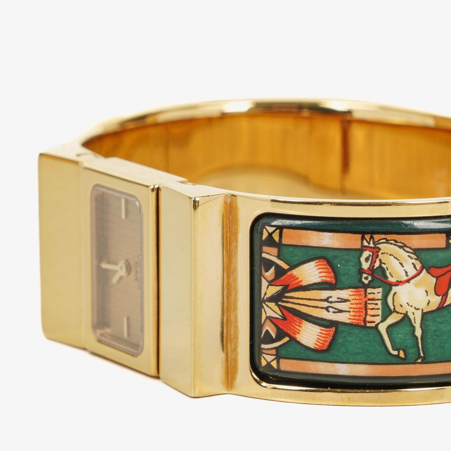 Hermès Loquet Armreif-Quarzuhr L01.100 mit grünem Equestrian Emaille und vergoldetem Finish