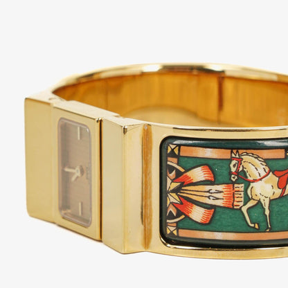 Hermès Loquet Armreif-Quarzuhr L01.100 mit grünem Equestrian Emaille und vergoldetem Finish