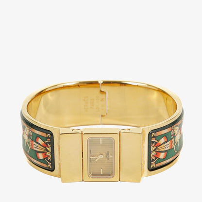 Hermès Loquet Armreif-Quarzuhr L01.100 mit grünem Equestrian Emaille und vergoldetem Finish