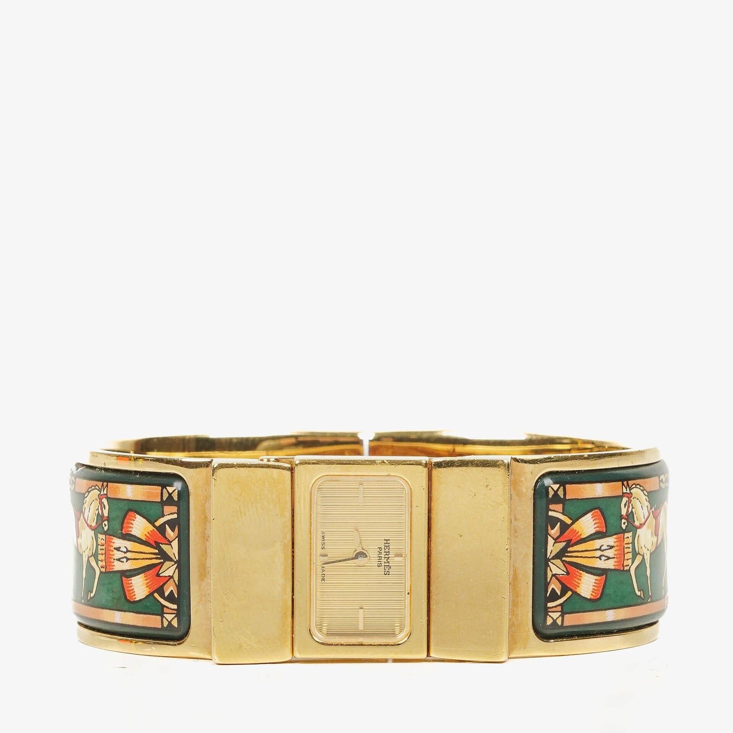 Hermès Loquet L01.100 Armreif-Quarzuhr mit grünem Equestrian-Emaille und Vergoldung