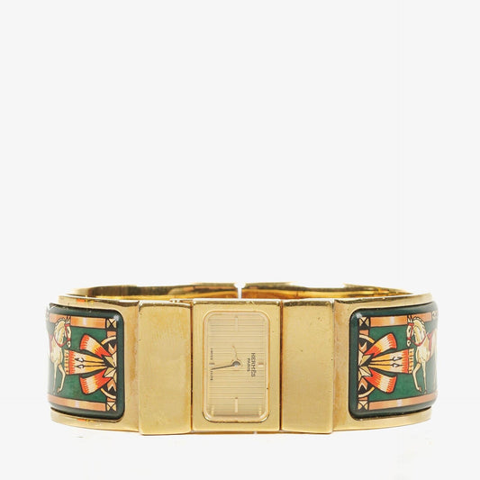 Hermès Loquet L01.100 Armreif-Quarzuhr mit grünem Equestrian-Emaille und Vergoldung