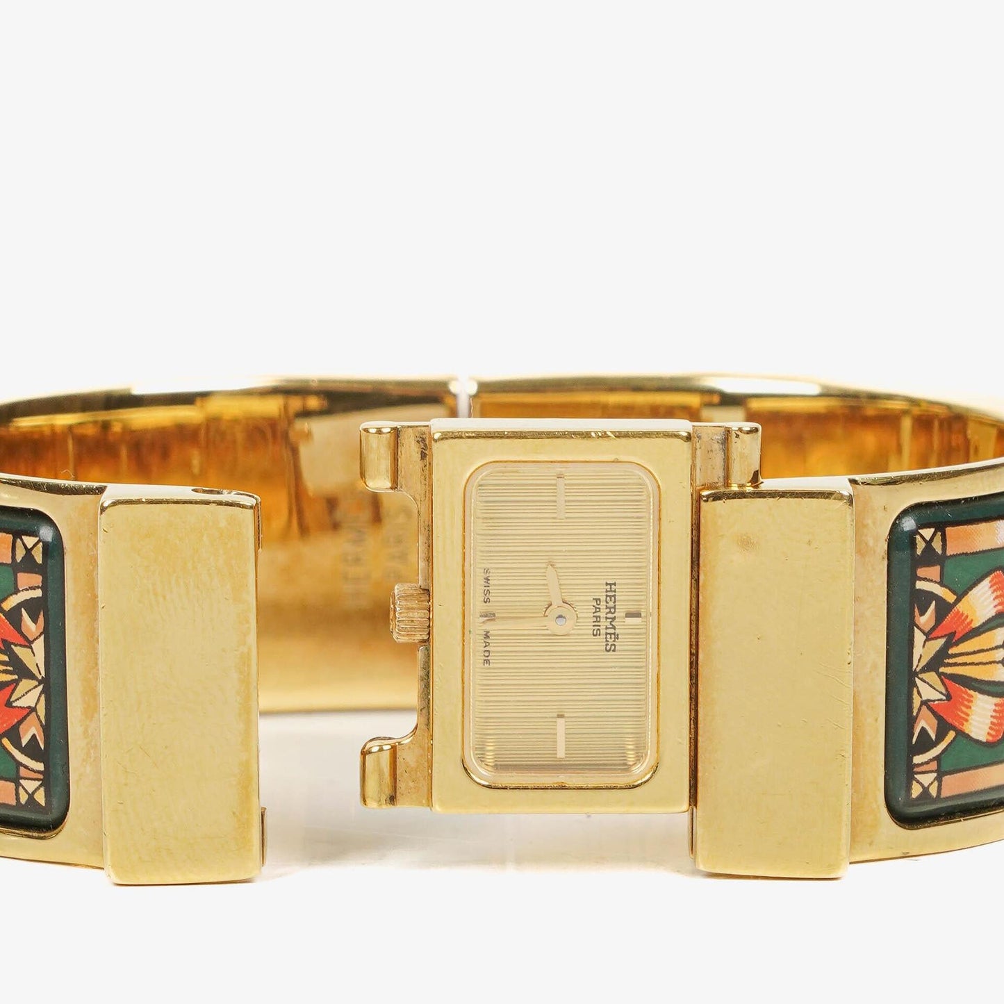 Hermès Loquet L01.100 Armreif-Quarzuhr mit grünem Equestrian-Emaille und Vergoldung