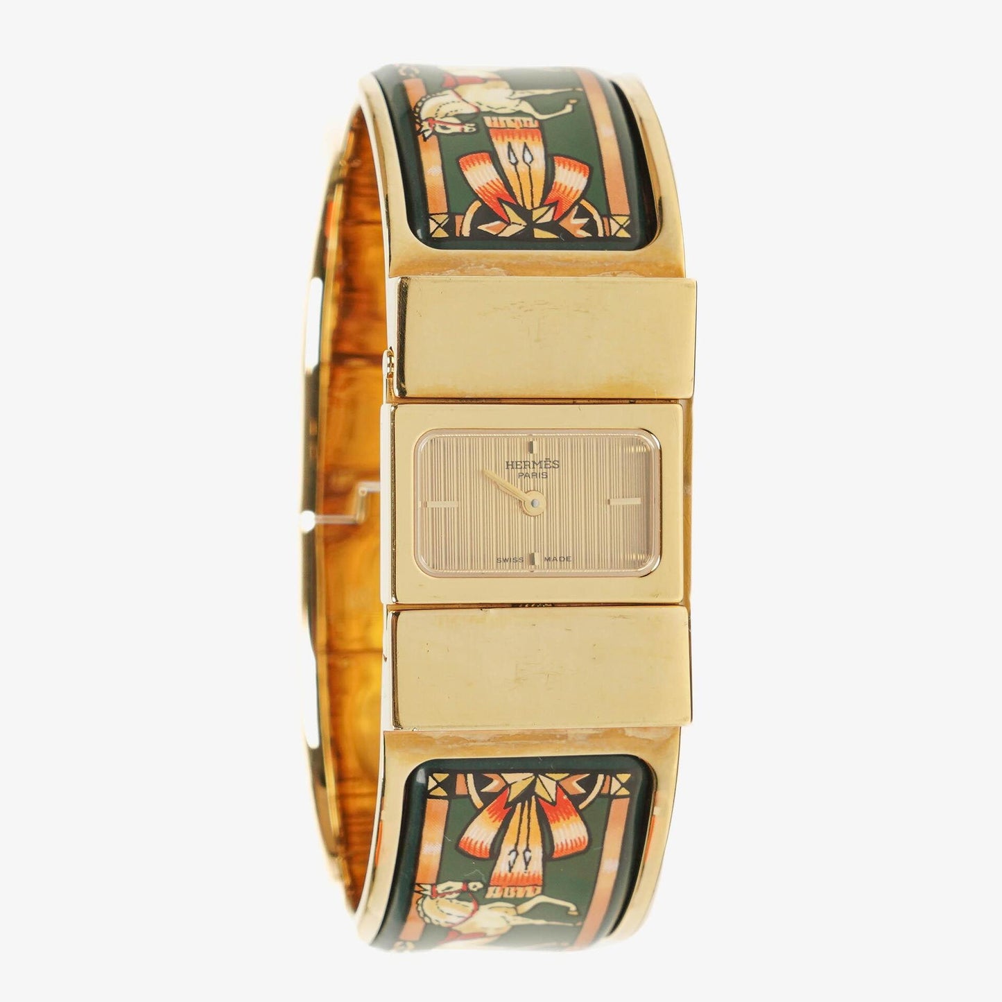 Hermes Grüne Reitsport Emaille und Vergoldete Loquet Armreif Quarzuhr L01.201